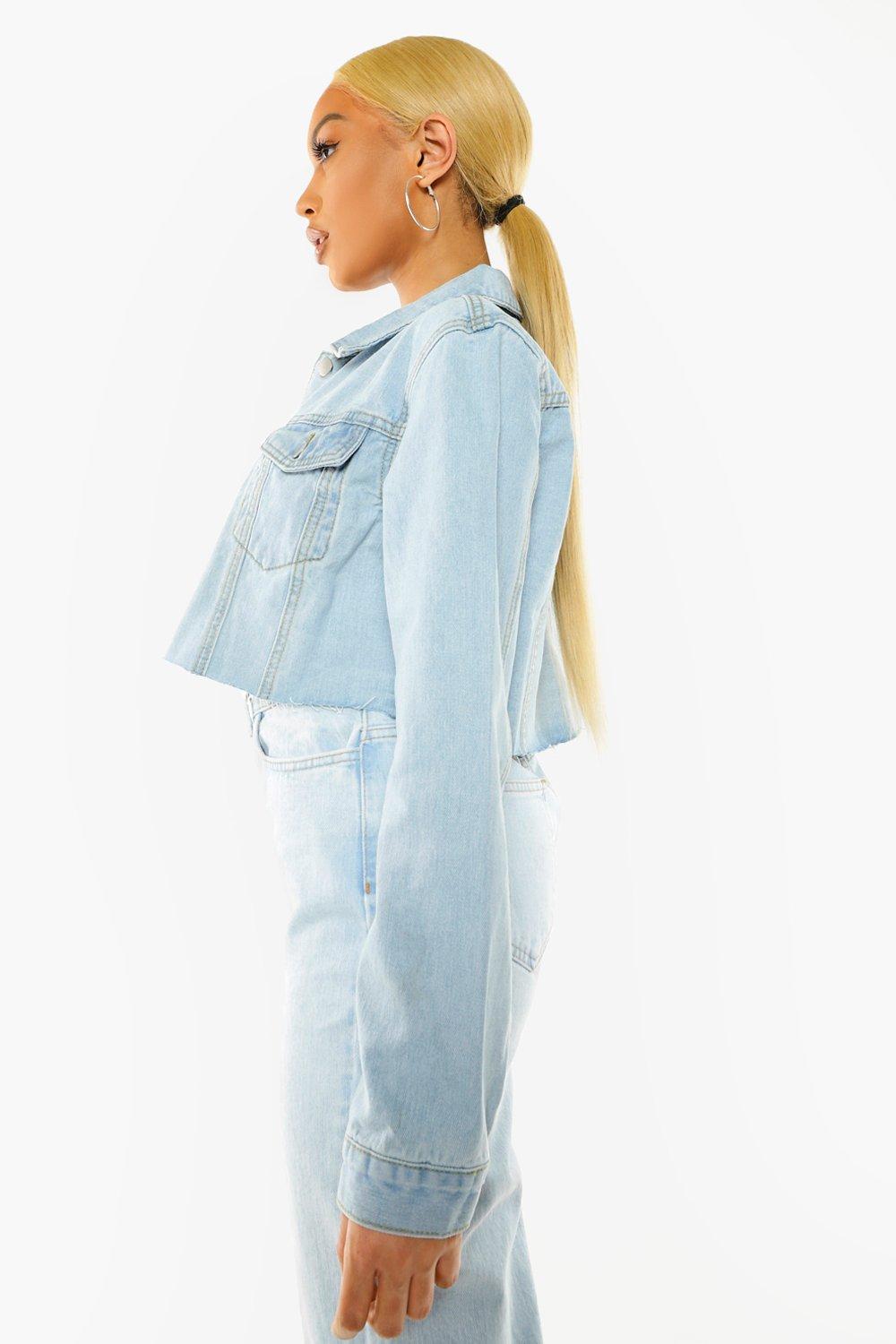 Cropped denim jacket on sale boohoo